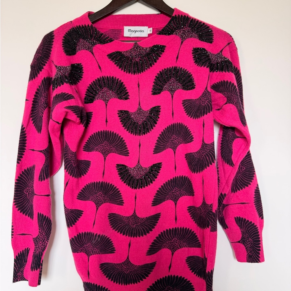 Magnolia Hot Pink Sweater with Black Beaded Fan Detail